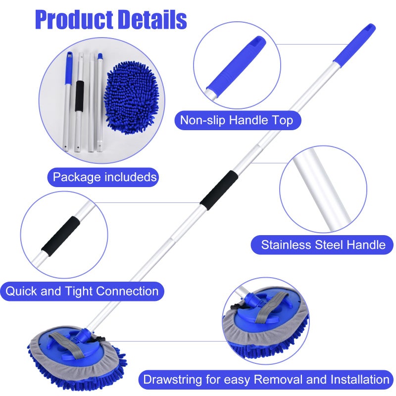 LUKCOZMO 62"" Car Wash Brush with Long Handle and Car Wash Brush Microfiber Car Cleaning Brush Kit for Car RV Truck Cleaning 1 Chenille Scratch-Free Replacement Head with Aluminum Alloy Pole (Blue) - Image 4